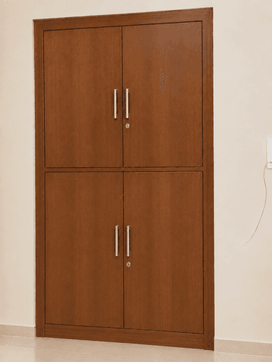 A tall, rectangular wooden storage cabinet finished in a medium brown tone with visible wood grain. The unit features four hinged doors, divided into two distinct upper and lower compartments. Each compartment is secured by two doors, fitted with modern brushed metal bar pull handles and a key lock mechanism. The cabinet stands on a low plinth base. — 3D model