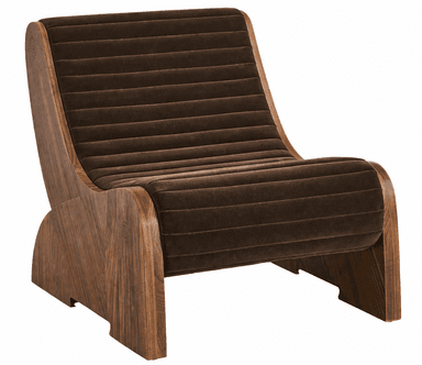 A modern lounge chair featuring a curved wooden frame with a distinct silhouette. The seat and back are upholstered in a textured, dark brown fabric with horizontal channel tufting. The wooden elements exhibit a natural grain pattern and appear to be bentwood or molded plywood, creating a fluid and sculptural form. The chair has a low profile and an ergonomic design for comfort. — 3D model
