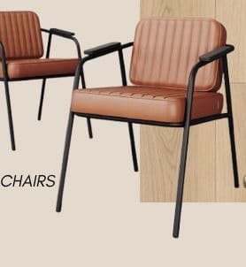 A modern armchair featuring a black powder-coated steel frame and tan faux leather upholstered cushions with horizontal channel tufting. — 3D model
