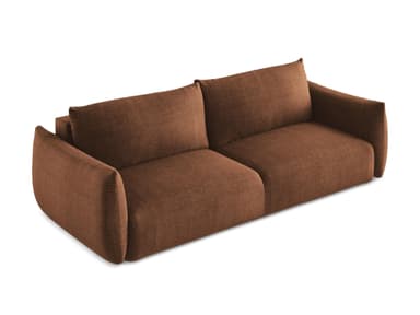A modern two-seater sofa featuring a plush, low-profile design. It is upholstered in a warm, textured brown fabric. The sofa has distinctive rounded armrests that integrate smoothly with the main body, and two separate, generously cushioned seat and back pillows for comfort. The overall aesthetic is clean, soft, and contemporary, with no visible legs, giving it a grounded appearance. — 3D model
