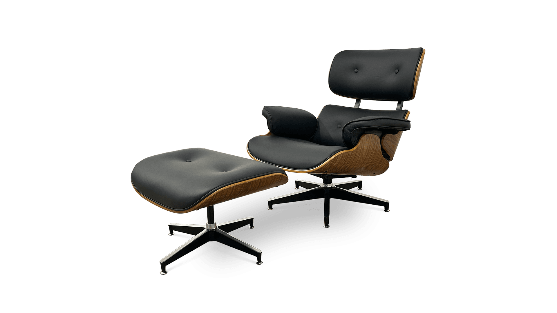 A contemporary lounge chair and ottoman set. The chair features a reclined posture with upholstered cushions and curved wooden shell accents. The ottoman is similarly designed with upholstered cushioning and a curved wooden base. Both pieces are supported by a five-star metal base with casters. — 3D model