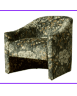 A barrel-shaped armchair upholstered in a dark green fabric with a floral and paisley pattern in shades of cream, gold, and muted orange. The armchair features a curved back that extends into armrests, and a seat cushion. The base appears to be a solid structure integrated with the body of the chair, with no visible legs. — 3D model