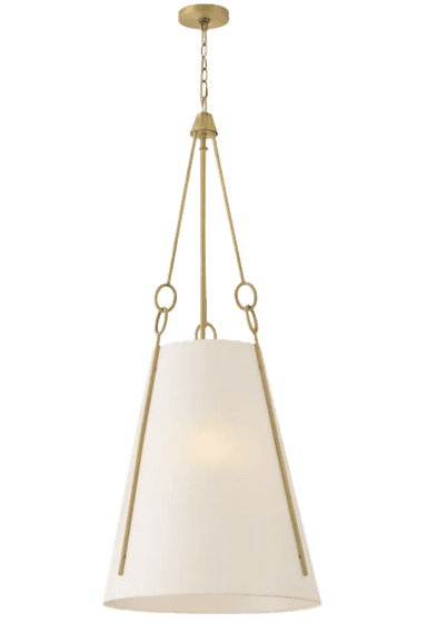 A sophisticated pendant light featuring a wide, tapering conical fabric shade suspended by an elegant brass-finished metal frame. The fixture hangs from a chain connected to a round ceiling canopy. Three slender rods extend from the central support to the upper rim of the shade, each attached via a decorative ring accent. The shade appears to be off-white or cream-colored, diffusing light to create an ambient glow, making it suitable for various interior settings. — 3D model