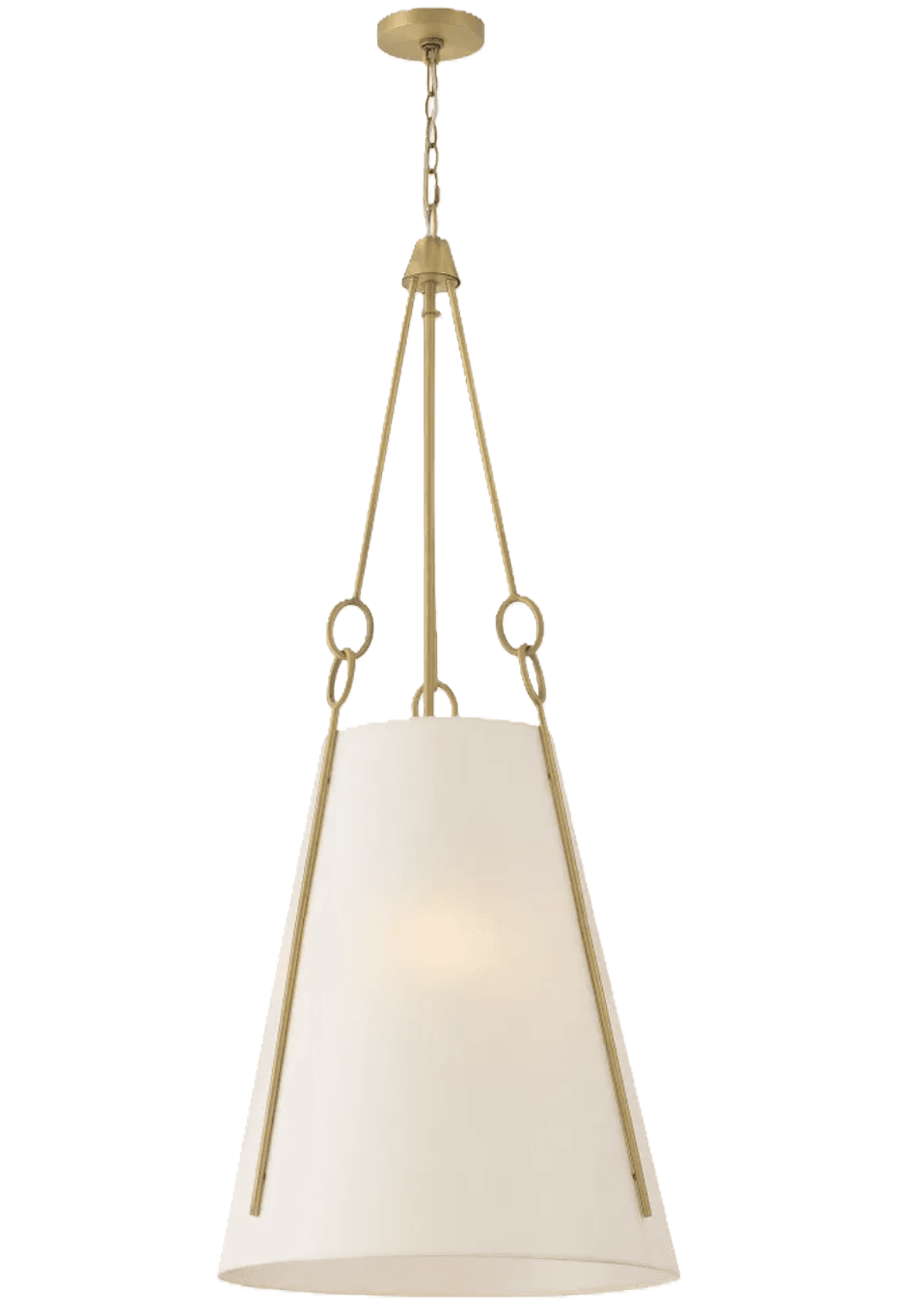 A sophisticated pendant light featuring a wide, tapering conical fabric shade suspended by an elegant brass-finished metal frame. The fixture hangs from a chain connected to a round ceiling canopy. Three slender rods extend from the central support to the upper rim of the shade, each attached via a decorative ring accent. The shade appears to be off-white or cream-colored, diffusing light to create an ambient glow, making it suitable for various interior settings. — 3D model