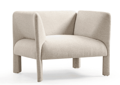 A contemporary armchair featuring a compact, rounded form upholstered in a light beige, textured fabric. The chair has integrated, wide armrests that flow into a slightly curved backrest, creating a cohesive silhouette. The four sturdy legs are also upholstered in the same fabric, extending directly from the chair's body, contributing to its minimalist and monolithic appearance. — 3D model