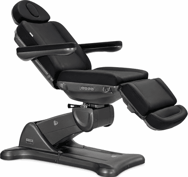 A modern electric reclining treatment chair, featuring black faux leather upholstery over thickly padded sections, including a headrest, backrest, seat, armrests, and an articulated leg rest. The chair is supported by a substantial dark gray base with integrated electronic controls for various adjustments. The design emphasizes ergonomic positioning for professional settings. — 3D model