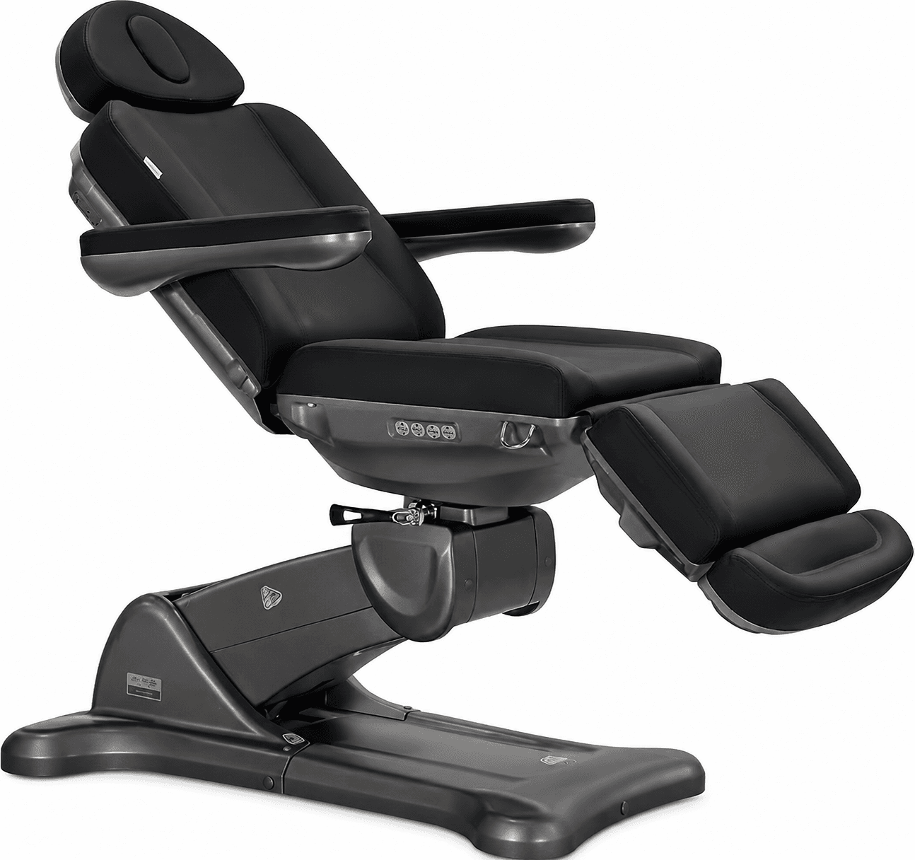 A modern electric reclining treatment chair, featuring black faux leather upholstery over thickly padded sections, including a headrest, backrest, seat, armrests, and an articulated leg rest. The chair is supported by a substantial dark gray base with integrated electronic controls for various adjustments. The design emphasizes ergonomic positioning for professional settings. — 3D model