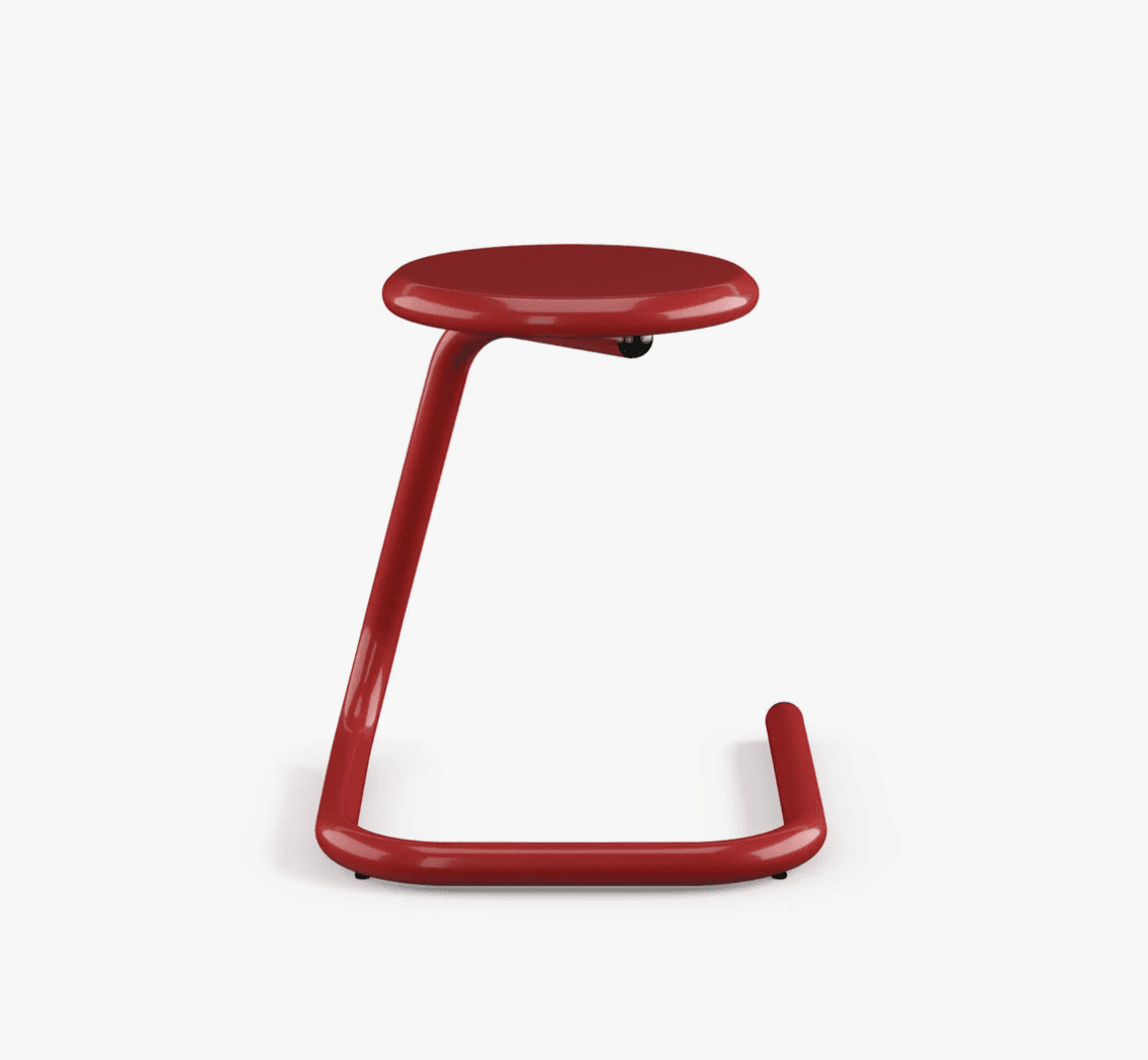 A modern, single-piece stool with a circular seat and a cantilevered base. The structure is formed from a single, curved tube that extends from the seat downwards, forms a horizontal base, and then curves upwards at the end. A small black component is visible beneath the seat, possibly for adjustment or stability. — 3D model