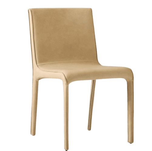 A contemporary dining chair with a minimalist design. It features a high backrest and a seat with integrated, slightly tapered legs. The upholstery appears to be a continuous piece of material, creating a seamless look. — 3D model
