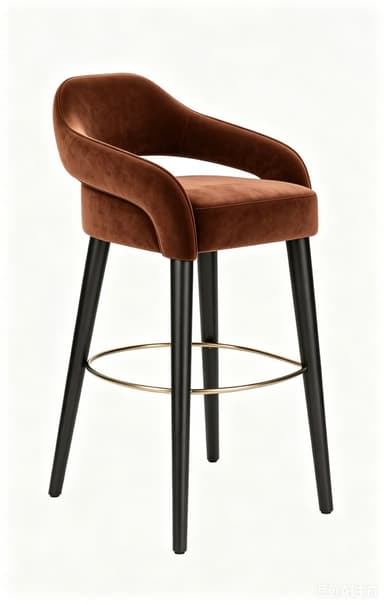 An elegant bar stool with a brown velvet upholstered seat and backrest, featuring black tapered wooden legs and a brass footrest ring. — 3D model