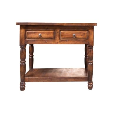 A dark wooden console table with three drawers on the front panel and a lower shelf. The table features turned legs with a bulbous design. Each drawer has a circular metal pull. The wood grain is visible, suggesting a natural finish. — 3D model