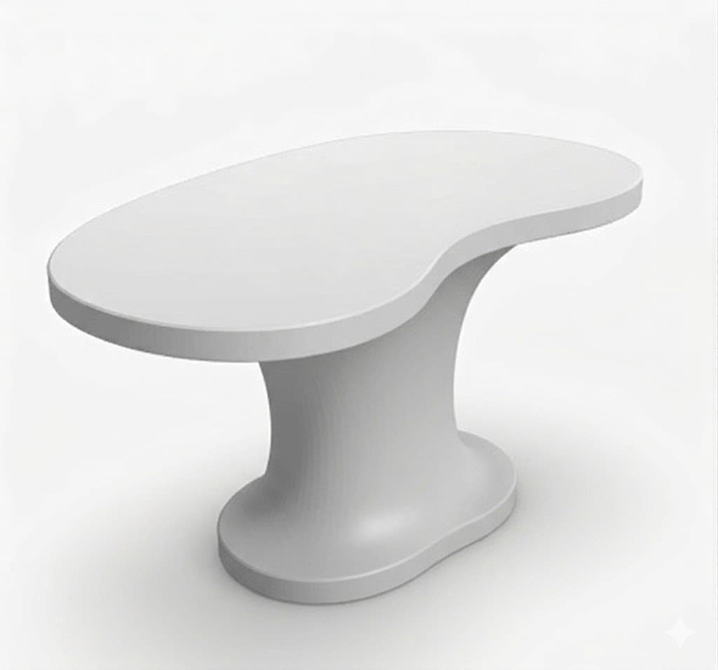 A modern, abstract coffee table with a smooth, rounded, asymmetrical top supported by a single, sculptural pedestal base. The base flares out at the bottom for stability. The overall form is organic and minimalist. — 3D model