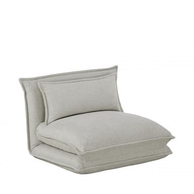 A minimalist, armless, floor-level seating unit upholstered in a light grey fabric, comprising a thick base cushion, a slightly angled backrest cushion, and a smaller rectangular lumbar pillow. The design suggests modularity and emphasizes soft, comfortable forms. — 3D model