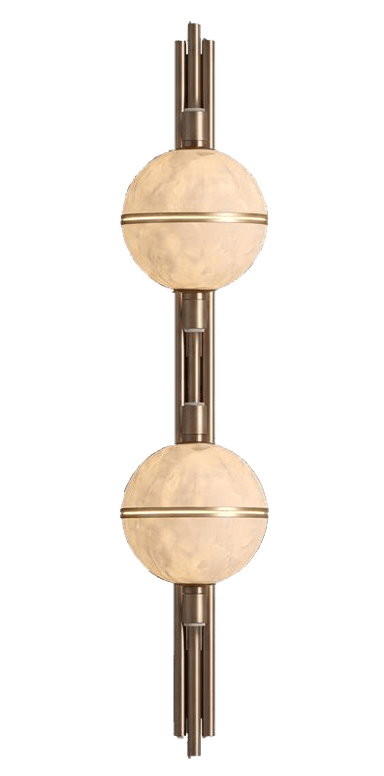 A wall-mounted sconce featuring a vertical linear metallic support structure with two curved arms extending outwards, each holding a spherical frosted glass shade. The shades are accented with a thin metallic band. The overall design suggests a modern or art deco influence. — 3D model