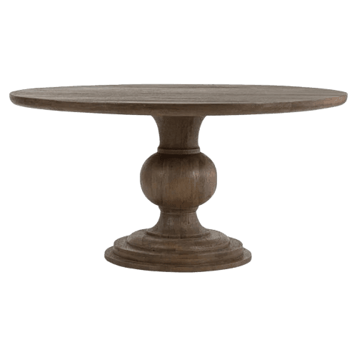 A round wooden table featuring a thick, turned pedestal base and a dark, natural wood finish. — 3D model