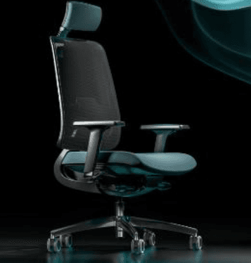 A modern ergonomic office chair featuring a high mesh back with an integrated adjustable headrest, upholstered teal fabric seat, and adjustable armrests, all mounted on a black five-star swivel base with casters. — 3D model
