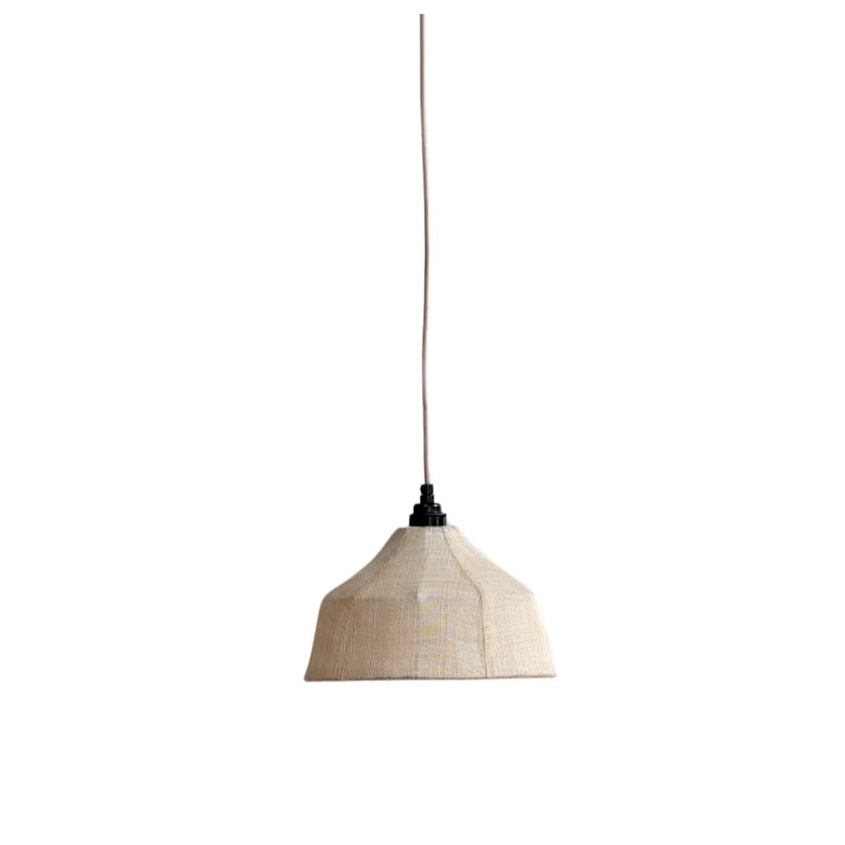 A bell-shaped pendant light featuring a shade crafted from woven natural fibers, likely jute or rattan, in a light beige or natural tone. The shade tapers from a wider base to a narrower top, where it connects to a simple black electrical fitting and a fabric-wrapped hanging cord. — 3D model