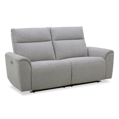 A light grey upholstered two-seater loveseat featuring individual reclining mechanisms. The design is contemporary with clean lines, padded armrests, and visible lumbar support in the back cushions. A control panel for the reclining function is subtly integrated into the side of the armrest. — 3D model