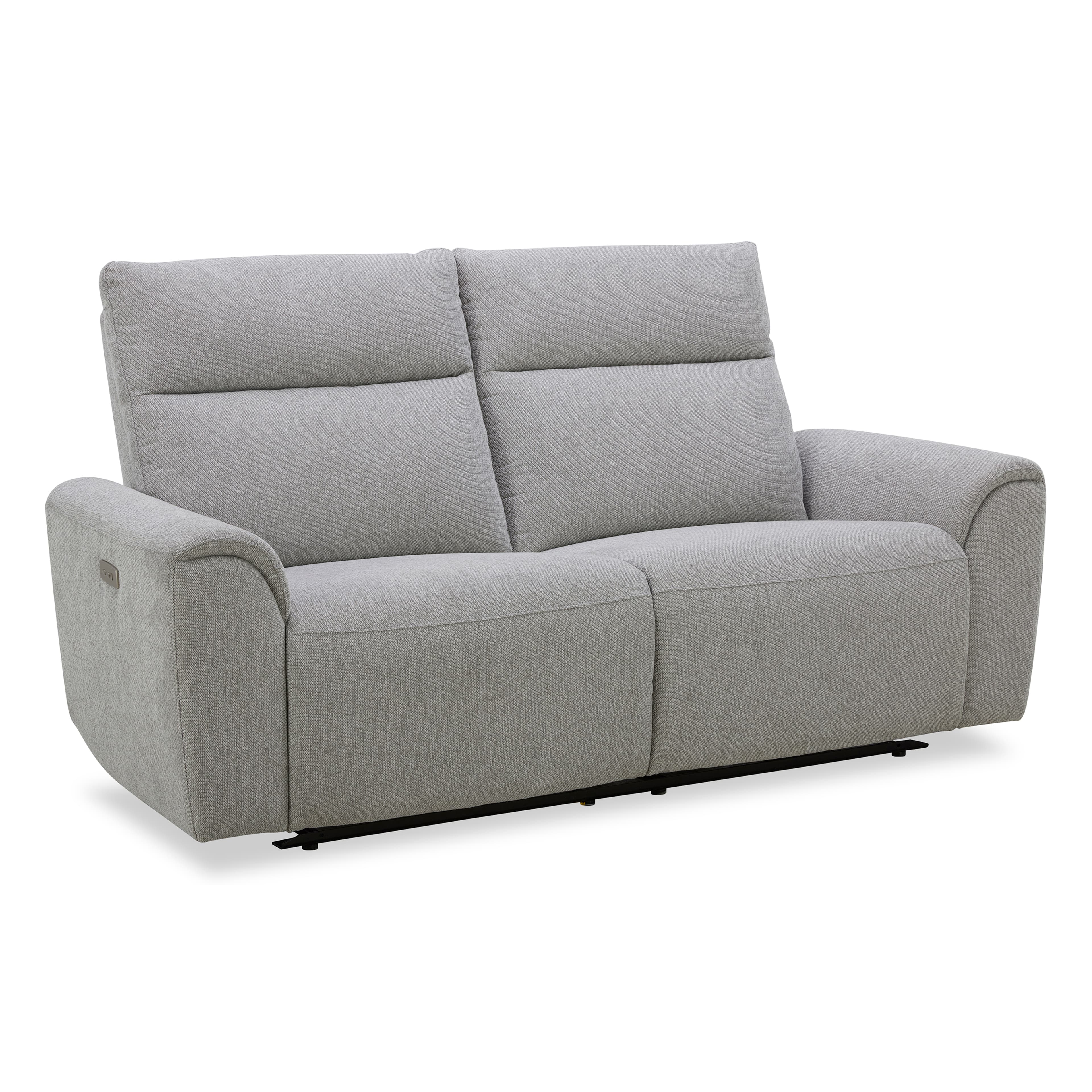 A light grey upholstered two-seater loveseat featuring individual reclining mechanisms. The design is contemporary with clean lines, padded armrests, and visible lumbar support in the back cushions. A control panel for the reclining function is subtly integrated into the side of the armrest. — 3D model