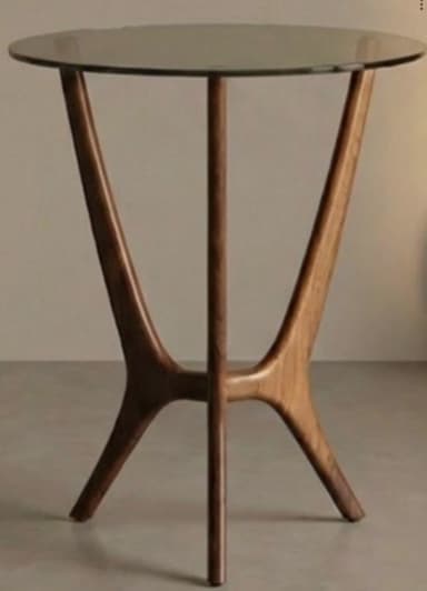 A modern side table featuring a round, smoked glass top supported by a three-legged wooden base. The dark wood legs splay outwards from a central, organically shaped support. — 3D model