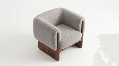A contemporary armchair featuring a rounded, plush silhouette with light gray textured upholstery and an exposed solid dark wood frame forming the base and armrest accents. The chair has a minimalist yet inviting design. — 3D model