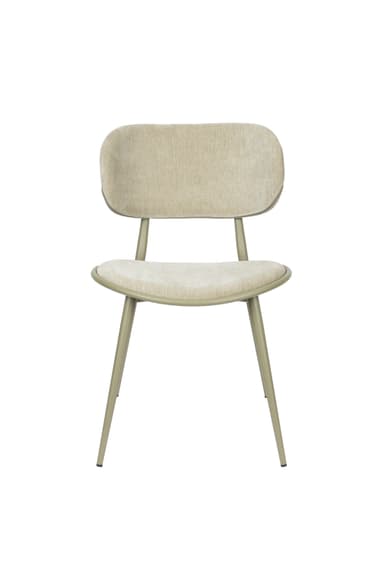 A contemporary dining chair featuring a slightly curved backrest and a seat cushion. The chair has a metal frame with four tapered legs. Both the backrest and the seat are upholstered in a textured, light beige fabric. The frame has a matte, olive-green finish. — 3D model