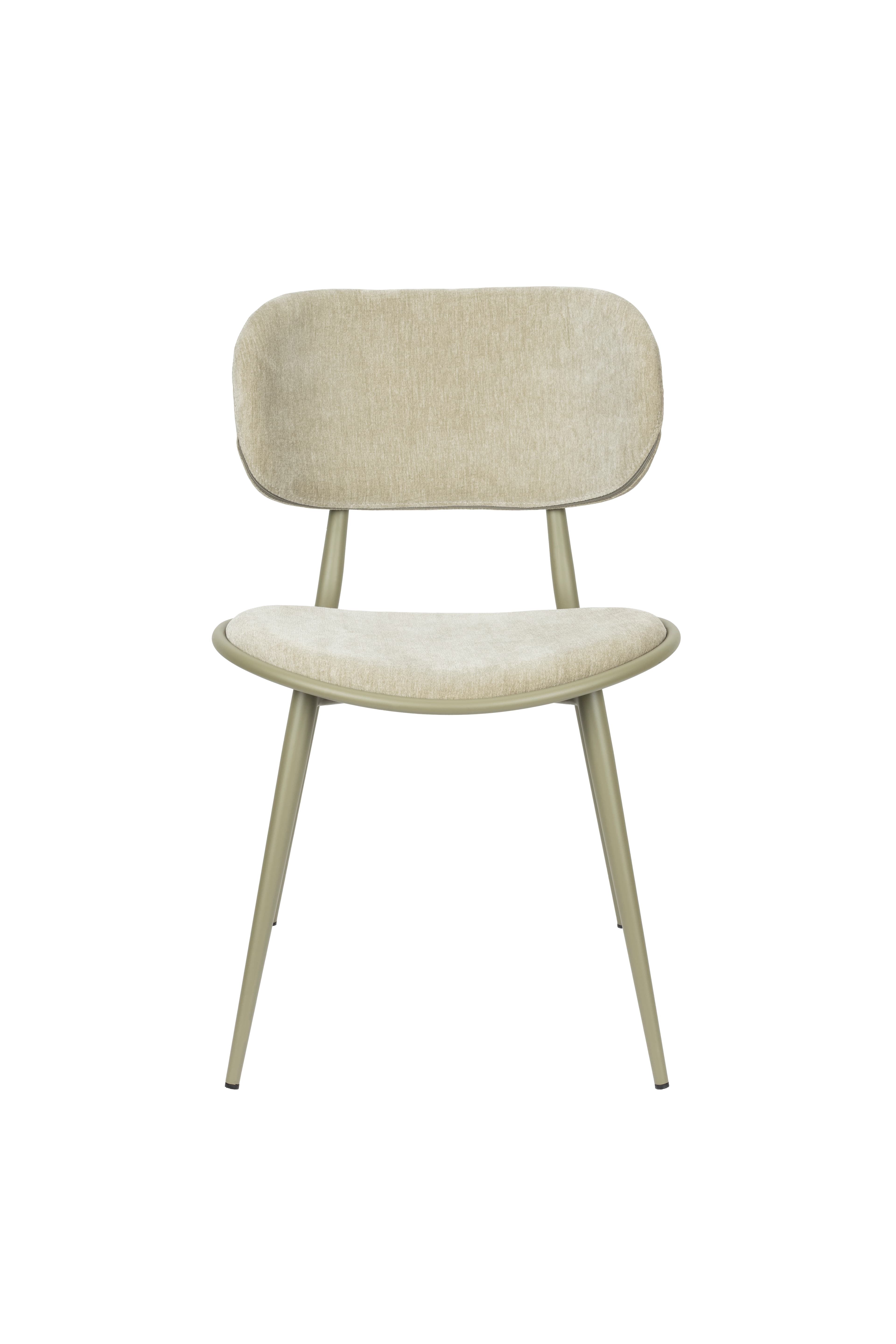 A contemporary dining chair featuring a slightly curved backrest and a seat cushion. The chair has a metal frame with four tapered legs. Both the backrest and the seat are upholstered in a textured, light beige fabric. The frame has a matte, olive-green finish. — 3D model