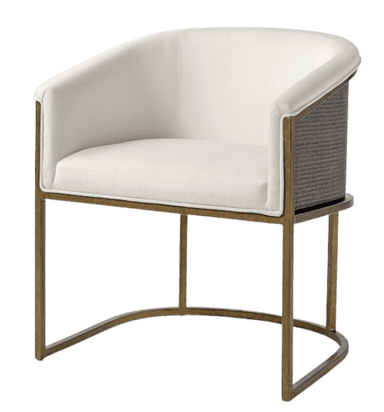 An elegant barrel-back accent chair featuring a curved, fully upholstered interior in a light off-white fabric. The chair has integrated armrests and a plush seat cushion. The exterior back is detailed with a textured, tightly woven grey material, likely rattan or cane. The entire structure is supported by a slender, curved metal frame with a champagne gold or antique brass finish, forming an open base. — 3D model
