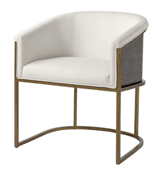 An elegant barrel-back accent chair featuring a curved, fully upholstered interior in a light off-white fabric. The chair has integrated armrests and a plush seat cushion. The exterior back is detailed with a textured, tightly woven grey material, likely rattan or cane. The entire structure is supported by a slender, curved metal frame with a champagne gold or antique brass finish, forming an open base. — 3D model