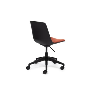 An armless swivel office chair featuring a black plastic backrest and a vibrant orange upholstered fabric seat. It sits on a black five-star base with casters and includes a lever for height adjustment. — 3D model