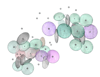Two modern multi-pendant chandeliers featuring numerous translucent, oval-shaped glass or acrylic diffusers in pastel shades of purple, green, gray, and pink, suspended at various heights from individual slender rods. — 3D model