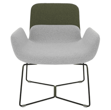 A modern armchair with a distinctive dual-tone upholstery. The seat and armrests are upholstered in a light grey, textured fabric, forming a continuous, organic shape. The backrest is a separate, taller section upholstered in a dark olive green fabric, creating a visual contrast. The chair is supported by a minimalist, black metal frame with a criss-cross base. — 3D model