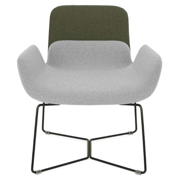 A modern armchair with a distinctive dual-tone upholstery. The seat and armrests are upholstered in a light grey, textured fabric, forming a continuous, organic shape. The backrest is a separate, taller section upholstered in a dark olive green fabric, creating a visual contrast. The chair is supported by a minimalist, black metal frame with a criss-cross base. — 3D model