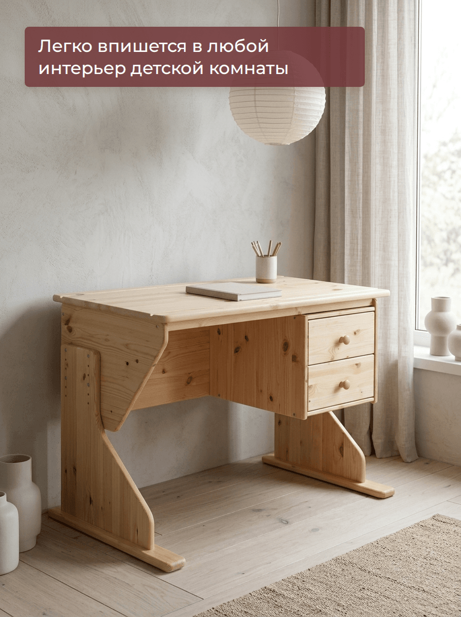 A light-toned solid pine wood desk, likely for a child's room, featuring a rectangular top, an integrated two-drawer unit on the right side with round wooden knobs, and distinctive sled-style leg panels. The construction appears sturdy with visible wood grain and knots. — 3D model