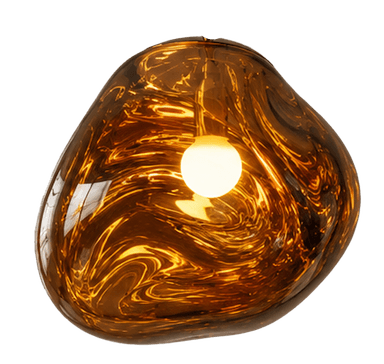 A close-up view of an organic-shaped pendant light featuring a translucent amber glass shade with a distinctive melted or rippled effect. A clear, round light bulb is visible inside the shade, emitting a warm glow. The top of the shade appears to be secured by a minimalist brass or gold-toned fixture. The light exhibits an irregular, fluid form, suggesting a hand-blown or sculpted glass design. — 3D model