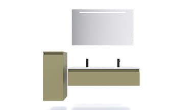 A modern wall-mounted double-sink bathroom vanity set, presented in a rendered image. It comprises a greenish-beige vanity cabinet with two integrated white ceramic sinks, two matte black faucets, a matching tall side storage cabinet, and a large rectangular mirror with integrated LED lighting. — 3D model