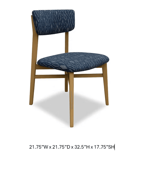 A wooden dining chair with a cushioned seat and backrest. The frame appears to be constructed from light-colored wood. The upholstery fabric is a dark blue with a geometric diamond pattern in a lighter color. The chair has four legs and a simple, modern design. — 3D model