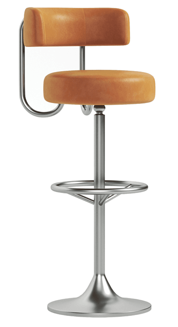 An adjustable height bar stool featuring a round, padded seat and a rectangular backrest, both upholstered in tan leather. The seat and backrest are supported by a polished metal frame, which connects to a central pneumatic lift column. A circular footrest is integrated into the column, and the entire structure is stabilized by a flared, trumpet-shaped base made of polished metal. — 3D model