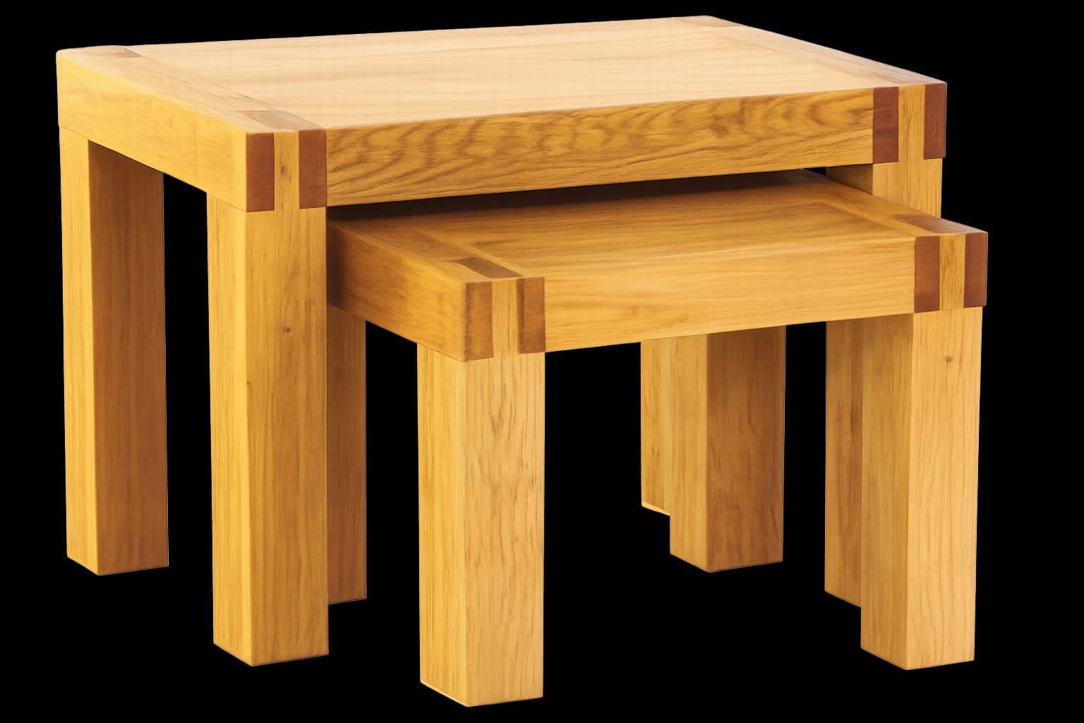 A set of two rectangular solid oak nesting tables. The larger table houses the smaller one underneath. Both tables feature thick, squared legs and tabletops, with prominent visible finger-joint style joinery at the corners. The wood has a natural, light brown finish. — 3D model