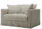 A casual two-seater loveseat featuring a full slipcover upholstered in a vertical stripe pattern of beige/light brown and off-white. The piece includes two loose seat cushions and several loose back cushions, all matching the striped fabric. It has wide, squared arms and a skirted base that extends to the floor, contributing to its relaxed and informal appearance. The overall design emphasizes comfort and a laid-back aesthetic. — 3D model