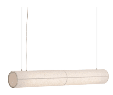 A long, cylindrical pendant light fixture suspended by thin wires, with its body and end caps covered in a light-colored, textured, linen-like fabric. — 3D model