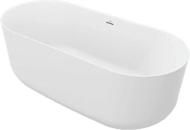 A freestanding oval-shaped bathtub with smooth, continuous curves. The exterior and interior surfaces are a uniform matte white. A small, integrated fixture, likely a drain or overflow control, is visible on the top rim towards one end. — 3D model