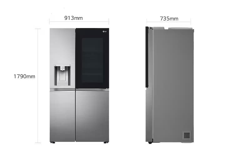A modern side-by-side refrigerator featuring a stainless steel finish and a black glass InstaView Door-in-Door panel on the upper right. The left door includes an integrated ice and water dispenser. The appliance has a four-door configuration, with two upper doors for refrigeration and two lower doors likely for freezer compartments. Dimensions are provided as 1790mm height, 913mm width, and 735mm depth. — 3D model
