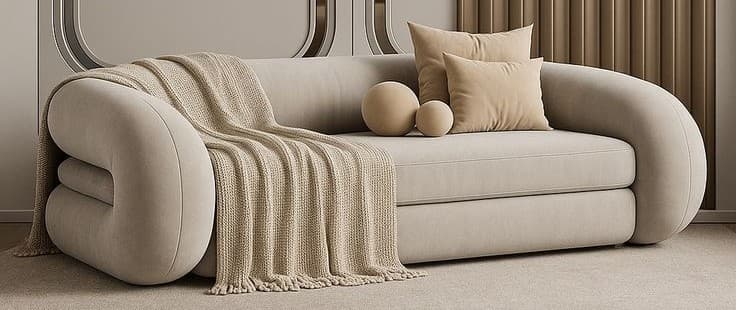 A contemporary sofa featuring a plush, light beige upholstery and distinctive rounded, sculptural armrests that seamlessly flow into its base. The sofa includes two seat cushions and a single back cushion, accompanied by two beige throw pillows and a knitted throw blanket. Its design emphasizes soft lines and a minimalist aesthetic. — 3D model