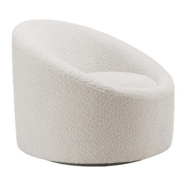 A contemporary lounge chair featuring a plush bouclé fabric upholstery in an off-white color. Its design is characterized by a rounded barrel shape with integrated backrest and armrests, suggesting a comfortable and enveloping seating experience. The chair has a low profile and appears to rest on a recessed swivel base. — 3D model