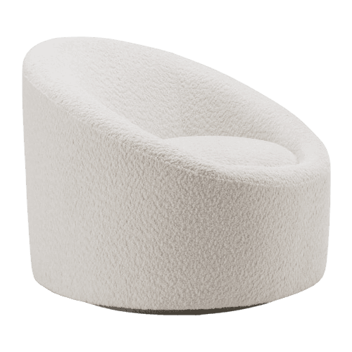 A contemporary lounge chair featuring a plush bouclé fabric upholstery in an off-white color. Its design is characterized by a rounded barrel shape with integrated backrest and armrests, suggesting a comfortable and enveloping seating experience. The chair has a low profile and appears to rest on a recessed swivel base. — 3D model