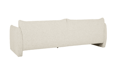 A close-up view of an upholstered sofa section, characterized by its light beige, textured fabric. The image shows a seat cushion, a plush back cushion, and a low, wide armrest, suggesting a comfortable and modern design. The fabric has a subtle woven pattern, giving it depth and visual interest. — 3D model