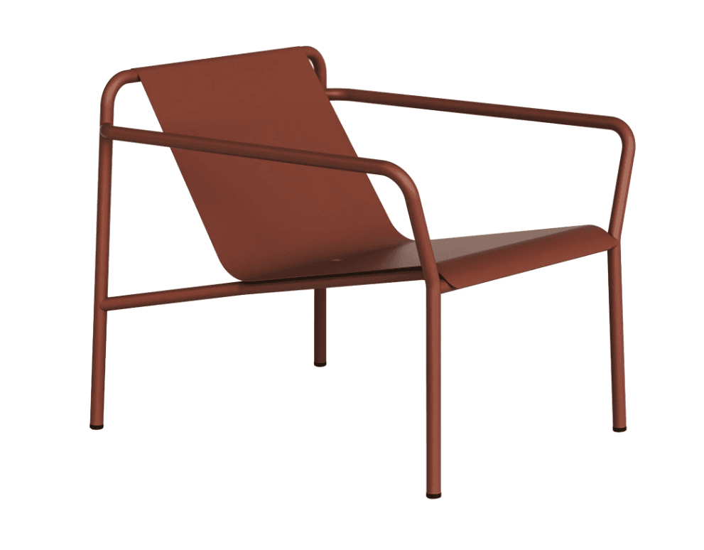 A modern lounge chair characterized by a minimalist design, featuring a continuous tubular metal frame that forms the legs, armrests, and upper back support. A single piece of reddish-brown flexible material, likely a coated textile or canvas, is stretched tautly between the frame to create a low-slung seat and backrest, offering a comfortable, ergonomic sling profile. — 3D model