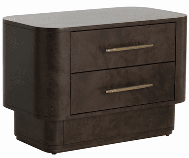 A dark burl wood veneer nightstand featuring two drawers with elongated brass bar pulls and elegantly rounded corners, resting on a recessed plinth base. — 3D model