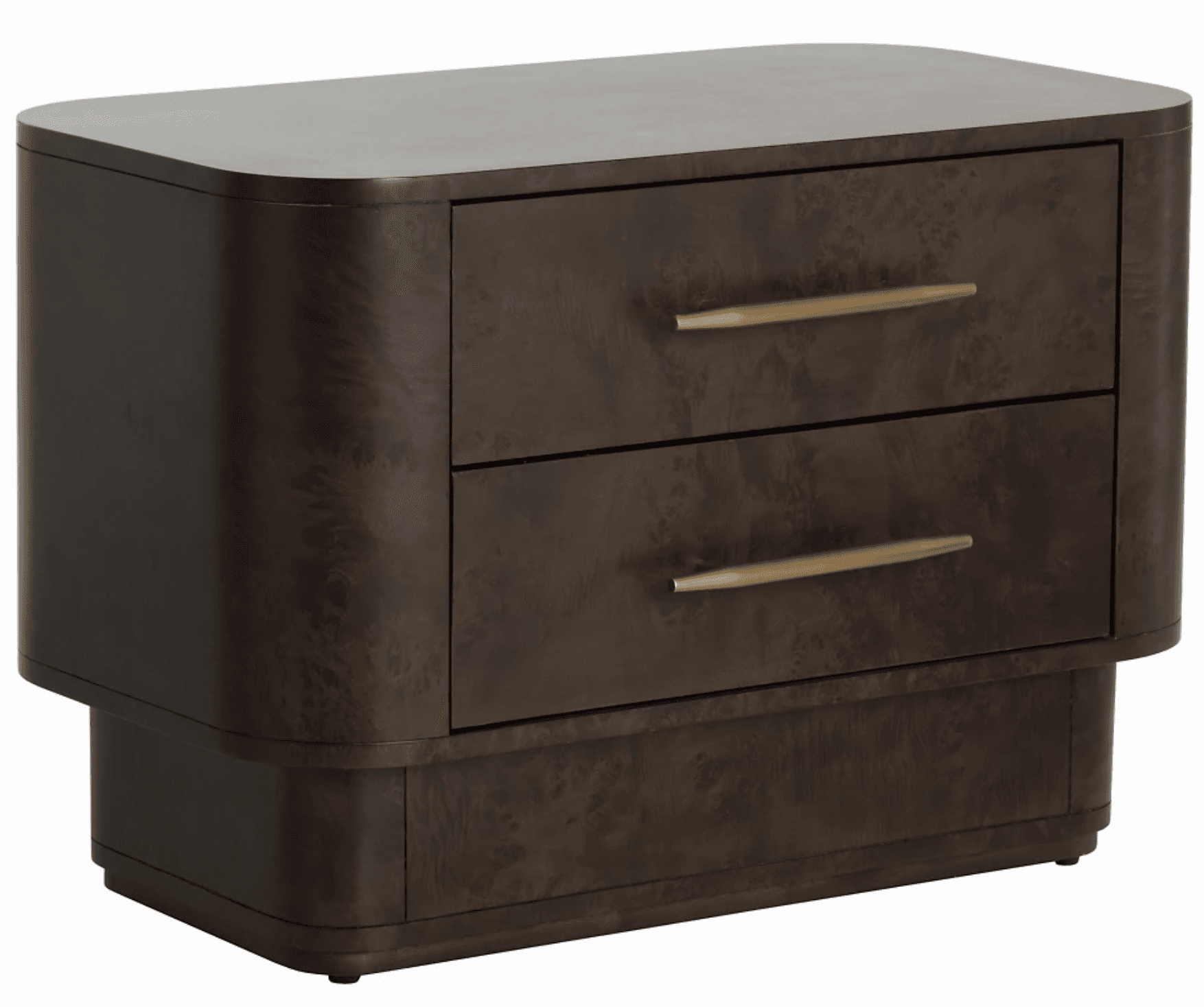 A dark burl wood veneer nightstand featuring two drawers with elongated brass bar pulls and elegantly rounded corners, resting on a recessed plinth base. — 3D model